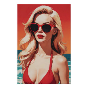 Retro-Pop-Art: Stylische Blondine im roten Bikini Poster