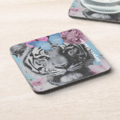 Retro Pop Art Tiger und Schmetterlinge Collage Getränkeuntersetzer (Linke Seite)