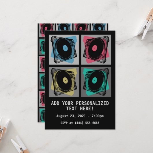 Retro Pop Art Turntable Einladung (Vorderseite/Rückseite Beispiel)
