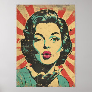 Retro-Pop-Art: Zwinkern und Kuss Poster