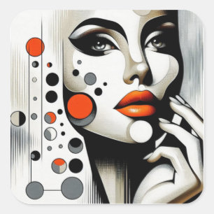 Retro Pop Diva: Geometrisches Design Abstrakte Kun Quadratischer Aufkleber