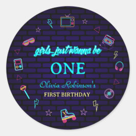 Retro Pop Neon Kids’ Geburtstagsbash Runder Aufkleber