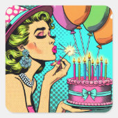 Retro Pop Pinup Giro und Birthday Cake Quadratischer Aufkleber (Vorderseite)