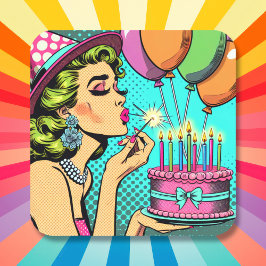 Retro Pop Pinup Giro und Birthday Cake Quadratischer Aufkleber