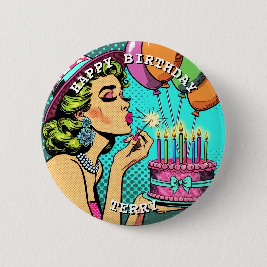 Retro Pop Pinup Personalisierter Geburtstag Button (Vorderseite)