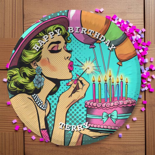 Retro Pop Pinup Personalisierter Geburtstag Pappteller