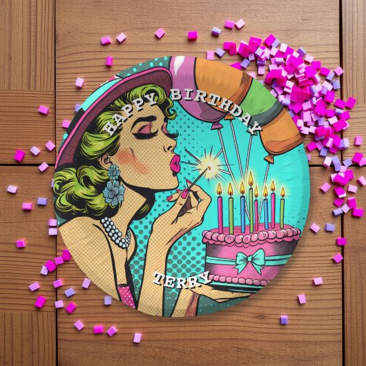 Retro Pop Pinup Personalisierter Geburtstag Pappteller