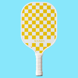 Retro Pop Sunny Yellow Checkerboard Custom Name Pickleball Schläger