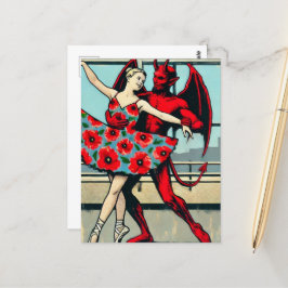 Retro PopArt Devil Mit Ballerina in einem Mohnklei Postkarte