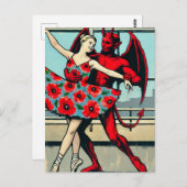 Retro PopArt Devil Mit Ballerina in einem Mohnklei Postkarte (Vorne/Hinten)