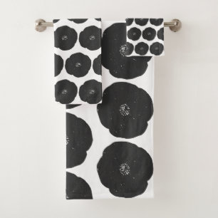 Retro Poppy Floral Art Muster in Schwarz-Weiß Badhandtuch Set