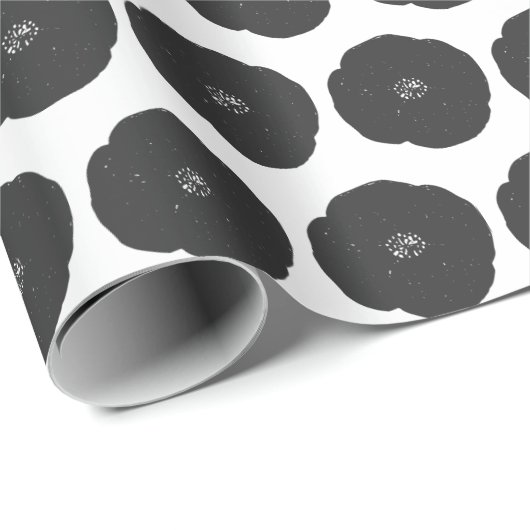 Retro Poppy Floral Art Muster in Schwarz-Weiß Geschenkpapier (Rolleneckpunkt)