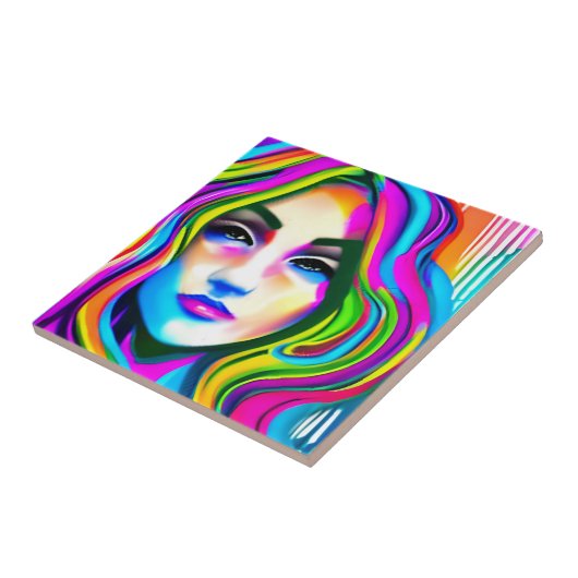 Retro-Portrait einer Frau mit Regenbogenhaar Fliese (Seite)