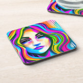 Retro-Portrait einer Frau mit Regenbogenhaar Getränkeuntersetzer (Linke Seite)