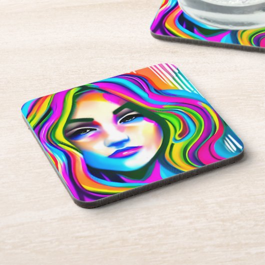 Retro-Portrait einer Frau mit Regenbogenhaar Getränkeuntersetzer (Linke Seite)