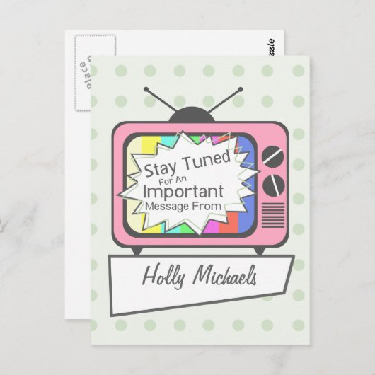 Retro Postcard: Bleibe Tuned...Pink TV Set Postkarte (Vorne/Hinten)