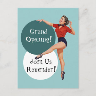 Retro Postcard Happy Lady Grand Opening Ankündigun Einladungspostkarte