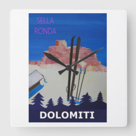 Retro Poster Dolomiti Italien - Sella Ronda Quadratische Wanduhr