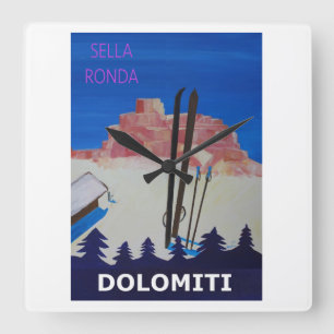 Retro Poster Dolomiti Italien - Sella Ronda Quadratische Wanduhr