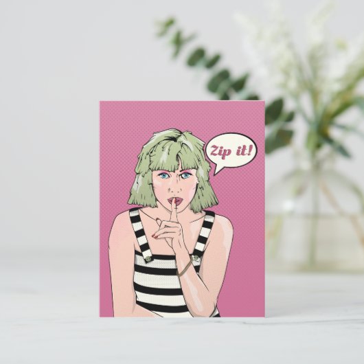 Retro Poster Frau Zip it Postkarte (Stehend Vorderseite)