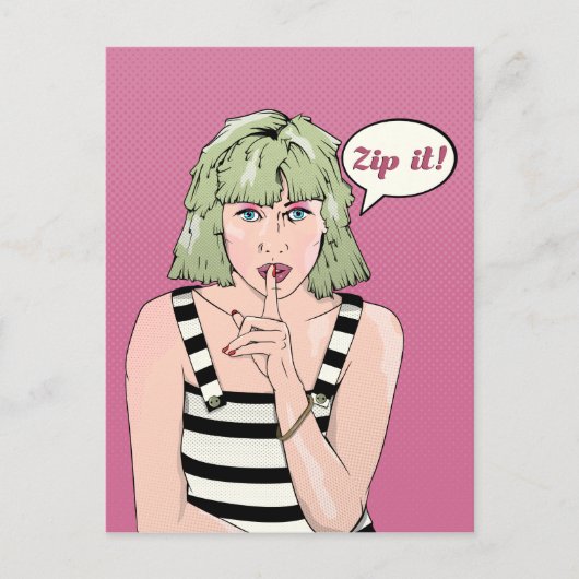 Retro Poster Frau Zip it Postkarte (Vorderseite)