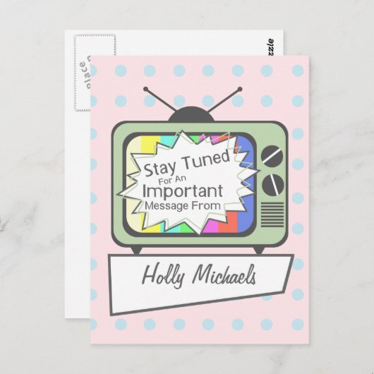 Retro Postkarte: Bleibe Tuned....Green TV-Set Postkarte (Vorne/Hinten)