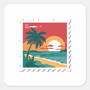 Retro-Poststempel - Strand, Palme, Ozean und Sonne Quadratischer Aufkleber