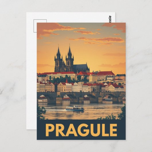 Retro Prague Skyline Postkarte (Vorne/Hinten)