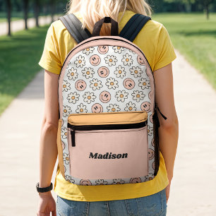 Retro Preppy Happy Face Blume Colorblock Bedruckter Rucksack