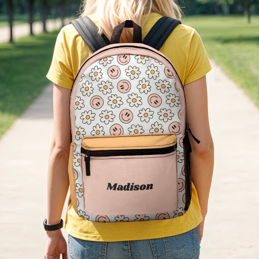 Retro Preppy Happy Face Blume Colorblock Bedruckter Rucksack