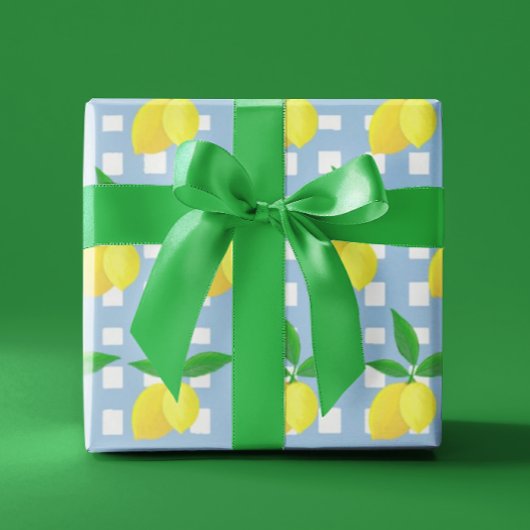 Retro Preppy Style Yellow Lemons Blue White Check Geschenkpapier