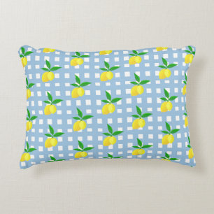 Retro Preppy Style Yellow Lemons Blue White Karo Dekokissen