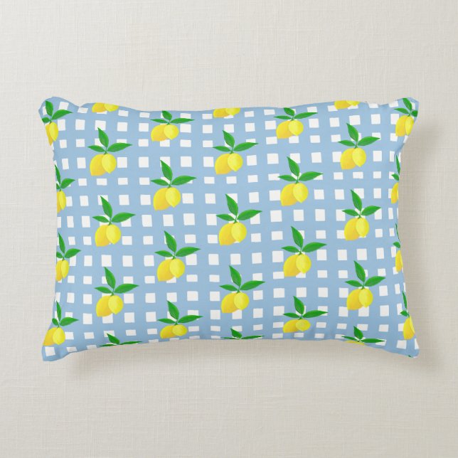 Retro Preppy Style Yellow Lemons Blue White Karo Dekokissen (Vorderseite)