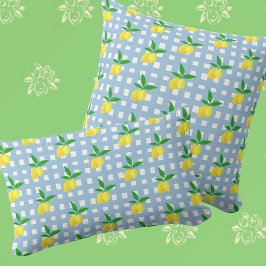 Retro Preppy Style Yellow Lemons Blue White Karo Kissen