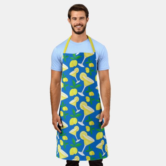 Retro Preppy Yellow Lemons Lemon Drops on Blue Schürze (Getragen)