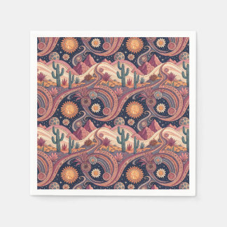 Retro Psychedelic Desert Cactus Sunset Painting Serviette