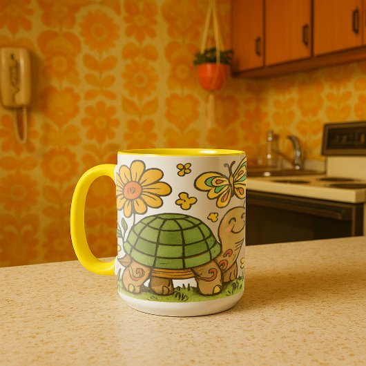 Retro Psychedelic Happy Turtle & Mushrooms Tasse