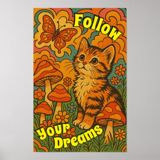 Retro Psychedelic Kitten Watching Butterfly Poster (Vorne)