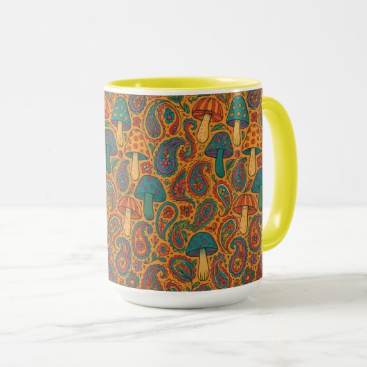 Retro Psychedelic Mushroom & Paisley Pattern Tasse (VorderseiteRechts)