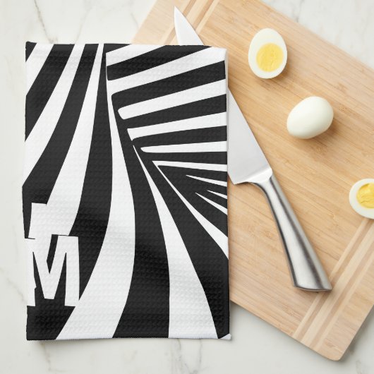 Retro Psychedelic Schwarz-weiß Pattern Initials Geschirrtuch (Viertel Falte)