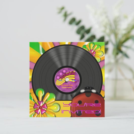 Retro Psychedelic Vinyl Record Party Einladungen (Stehend Vorderseite)