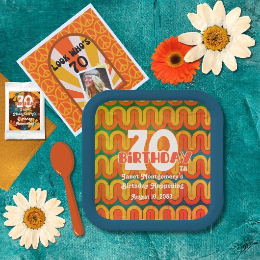 Retro Psychedelic Wave 70. Geburtstag Pappteller