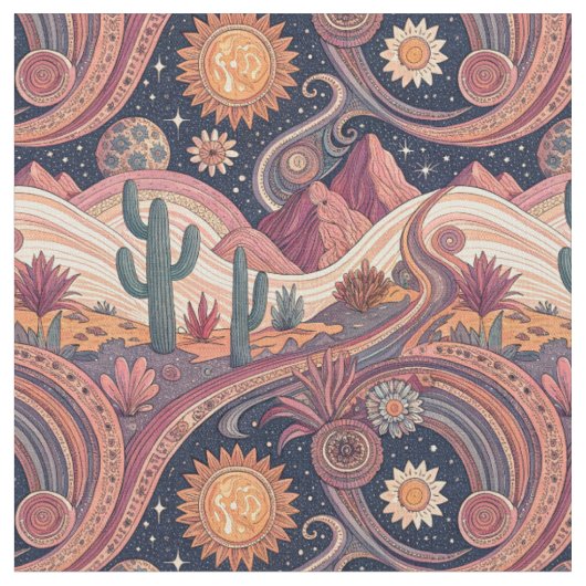 Retro-psychedelisches Wüstenkaktus-Sonnenuntergang Stoff (Nahaufnahme)