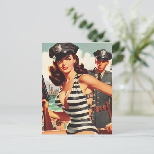 Retro Pulp-Button Postkarte (Stehend Vorderseite)