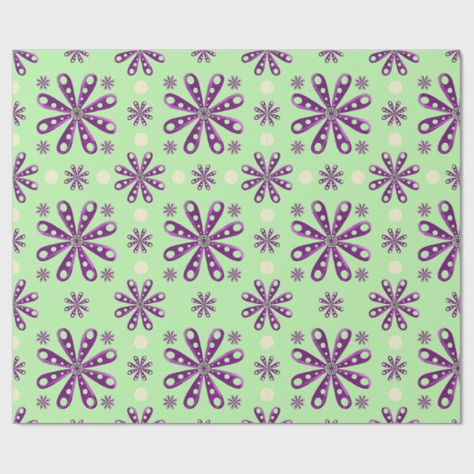 Retro Purple Flowers on Green Background Geschenkpapier (Flach)
