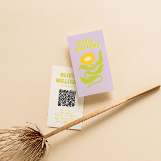 Retro Purple Green QR Code Groovy Trendy Floral Visitenkarte