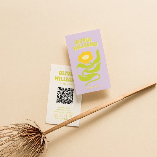 Retro Purple Green QR Code Groovy Trendy Floral Visitenkarte