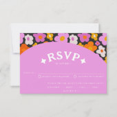 Retro Purple Orange Floral 70's Groovy Wedding RSVP Karte (Vorderseite)