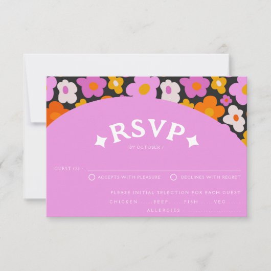 Retro Purple Orange Floral 70's Groovy Wedding RSVP Karte (Vorderseite)