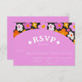 Retro Purple Orange Floral 70's Groovy Wedding RSVP Karte (Vorne/Hinten)